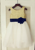 Knee-Length Sequined Tulle Flower Girl Dress with Pretty Flowers - A-line/Princess Scoop Neck BM bride