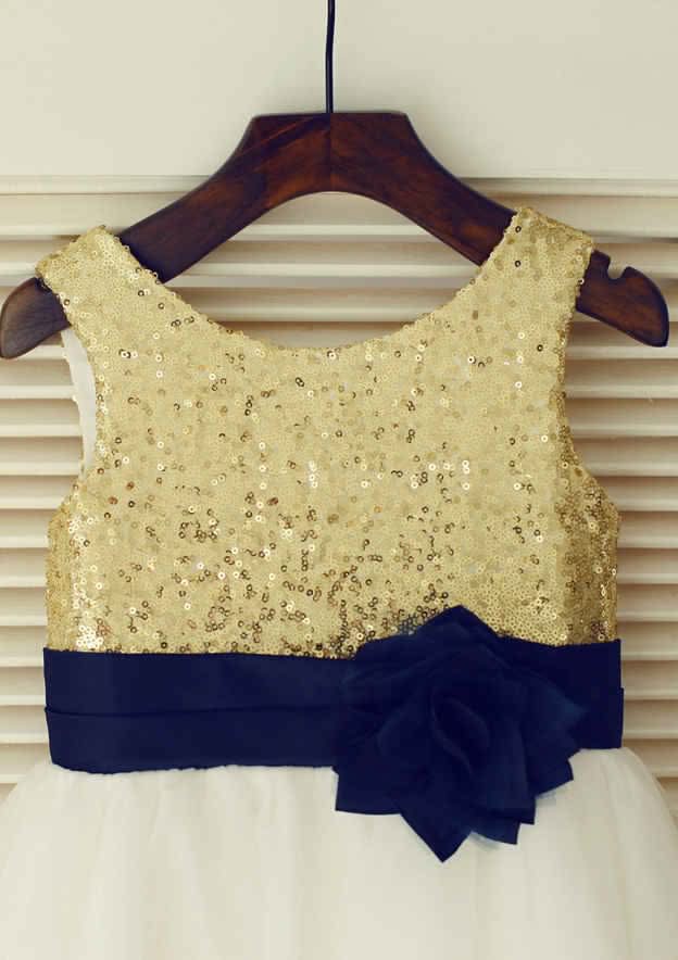 Knee-Length Sequined Tulle Flower Girl Dress with Pretty Flowers - A-line/Princess Scoop Neck BM bride