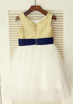 Knee-Length Sequined Tulle Flower Girl Dress with Pretty Flowers - A-line/Princess Scoop Neck BM bride
