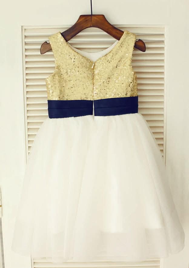 Knee-Length Sequined Tulle Flower Girl Dress with Pretty Flowers - A-line/Princess Scoop Neck BM bride