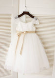 Knee-Length V-Neck Lace and Tulle Flower Girl Dress with Elegant Sashes - A-line/Princess BM bride