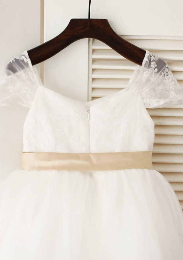 Knee-Length V-Neck Lace and Tulle Flower Girl Dress with Elegant Sashes - A-line/Princess BM bride