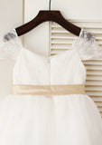 Knee-Length V-Neck Lace and Tulle Flower Girl Dress with Elegant Sashes - A-line/Princess BM bride