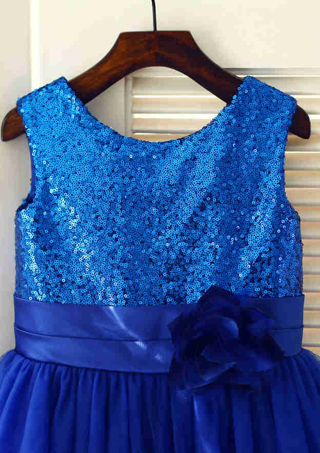 Tea-Length Sequined Tulle Flower Girl Dress with Floral Sashes - A-line/Princess Scoop Neck BM bride