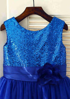 Tea-Length Sequined Tulle Flower Girl Dress with Floral Sashes - A-line/Princess Scoop Neck BM bride