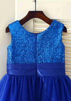 Tea-Length Sequined Tulle Flower Girl Dress with Floral Sashes - A-line/Princess Scoop Neck BM bride