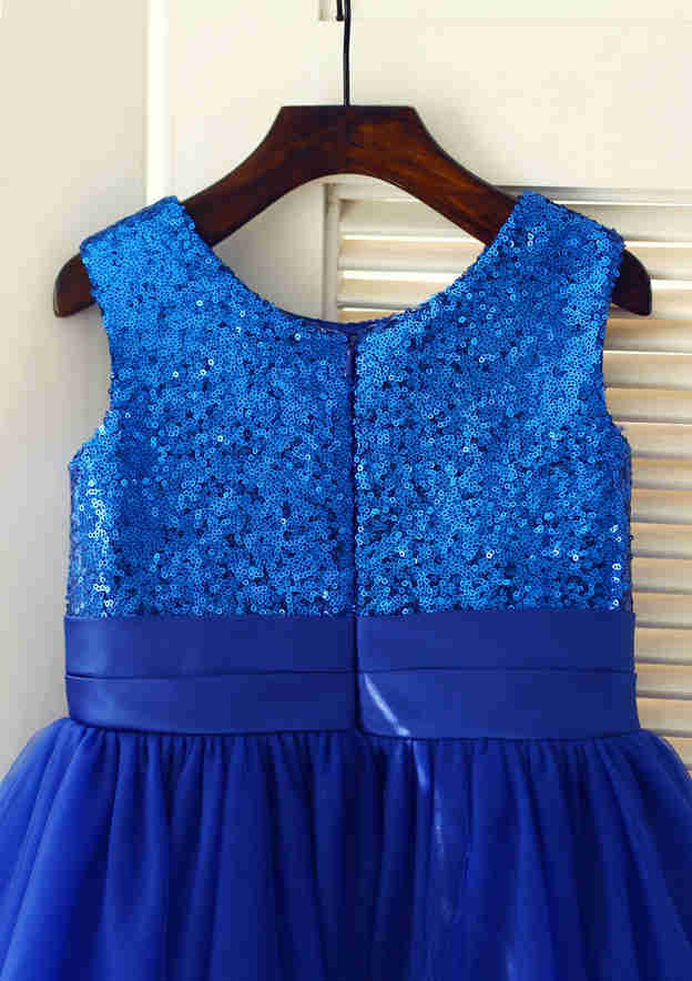 Tea-Length Sequined Tulle Flower Girl Dress with Floral Sashes - A-line/Princess Scoop Neck BM bride