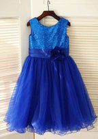 Tea-Length Sequined Tulle Flower Girl Dress with Floral Sashes - A-line/Princess Scoop Neck BM bride