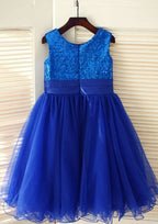 Tea-Length Sequined Tulle Flower Girl Dress with Floral Sashes - A-line/Princess Scoop Neck BM bride