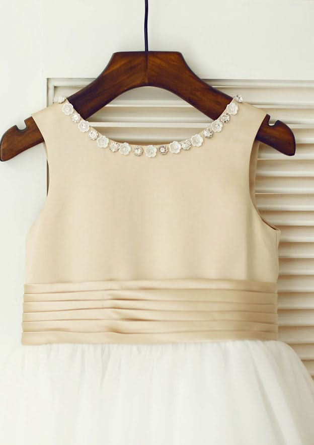 Tea-Length Satin and Tulle Flower Girl Dress with Adorable Bowknot - A-line/Princess Scoop Neck BM bride