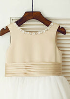 Tea-Length Satin and Tulle Flower Girl Dress with Adorable Bowknot - A-line/Princess Scoop Neck BM bride