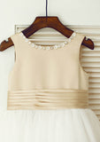 Tea-Length Satin and Tulle Flower Girl Dress with Adorable Bowknot - A-line/Princess Scoop Neck BM bride