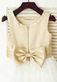 Tea-Length Satin and Tulle Flower Girl Dress with Adorable Bowknot - A-line/Princess Scoop Neck BM bride