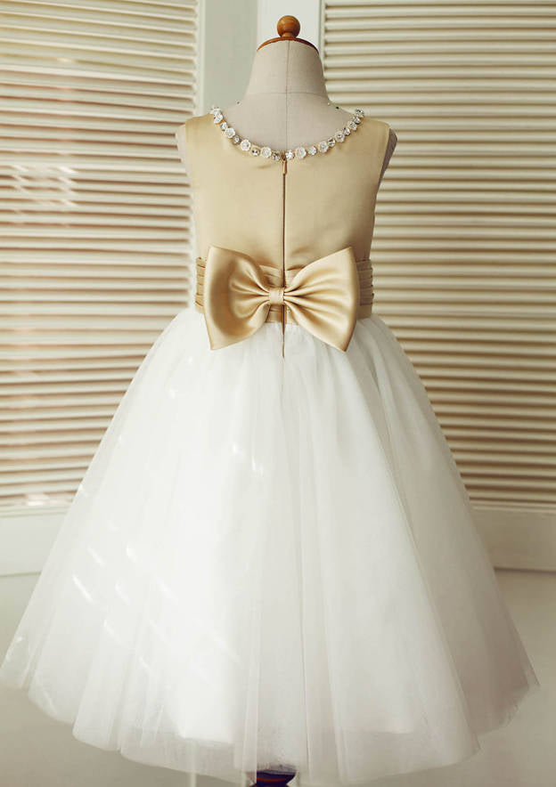 Tea-Length Satin and Tulle Flower Girl Dress with Adorable Bowknot - A-line/Princess Scoop Neck BM bride
