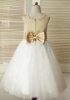 Tea-Length Satin and Tulle Flower Girl Dress with Adorable Bowknot - A-line/Princess Scoop Neck BM bride