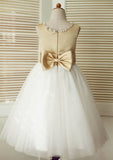 Tea-Length Satin and Tulle Flower Girl Dress with Adorable Bowknot - A-line/Princess Scoop Neck BM bride