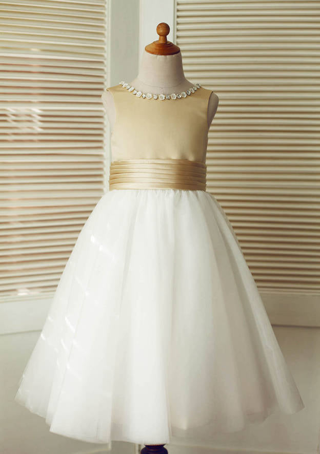 Tea-Length Satin and Tulle Flower Girl Dress with Adorable Bowknot - A-line/Princess Scoop Neck BM bride