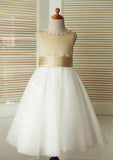 Tea-Length Satin and Tulle Flower Girl Dress with Adorable Bowknot - A-line/Princess Scoop Neck BM bride