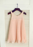 Knee-Length Flower Girl Dress with Pleated Elegance - A-line/Princess Scoop Neck BM bride
