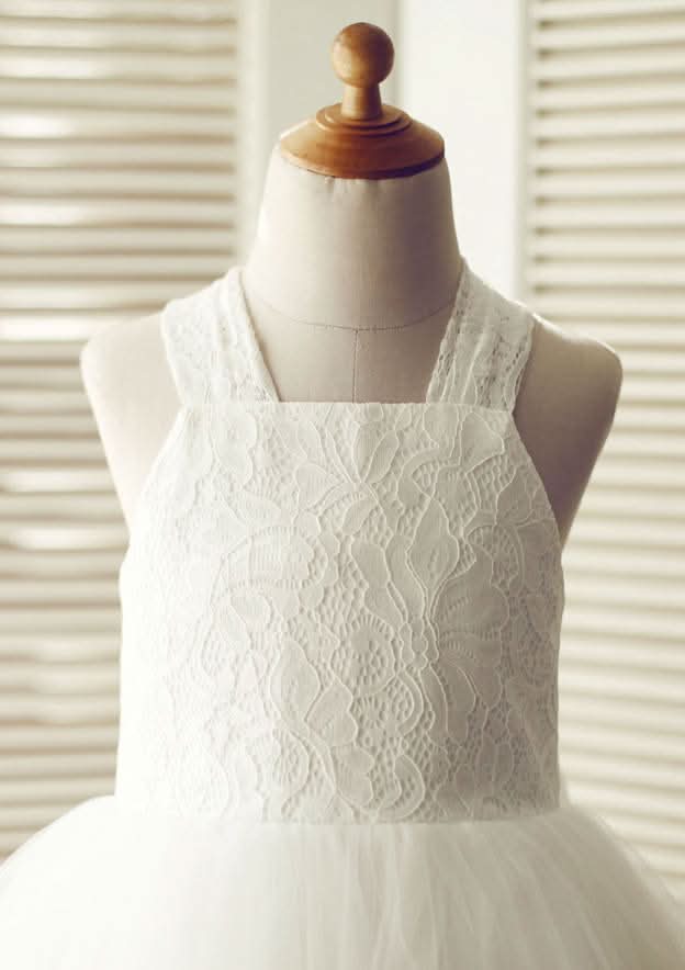 Knee-Length Halter Lace and Tulle Flower Girl Dress with Cute Bowknot - A-line/Princess BM bride