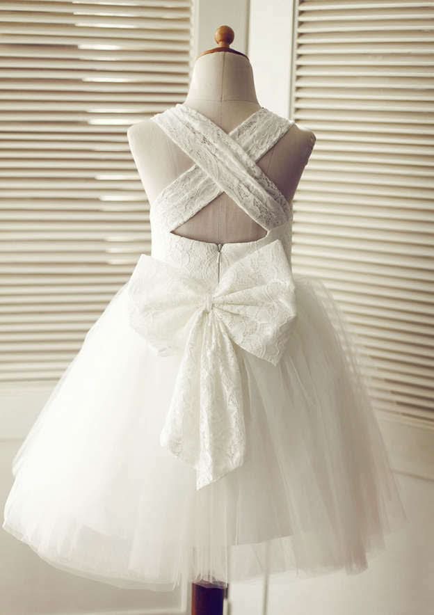Knee-Length Halter Lace and Tulle Flower Girl Dress with Cute Bowknot - A-line/Princess BM bride