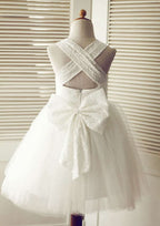 Knee-Length Halter Lace and Tulle Flower Girl Dress with Cute Bowknot - A-line/Princess BM bride