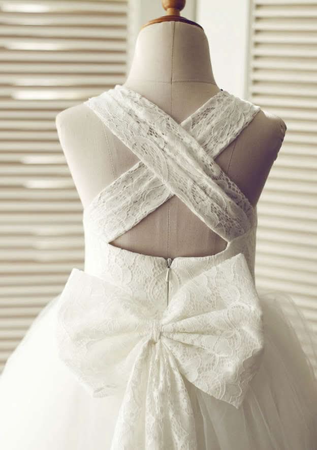 Knee-Length Halter Lace and Tulle Flower Girl Dress with Cute Bowknot - A-line/Princess BM bride