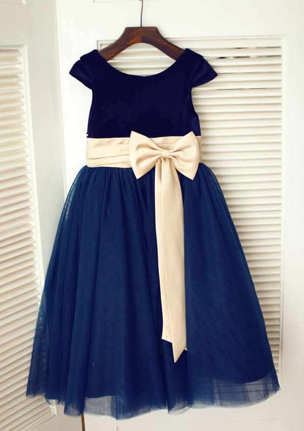 Tea-Length Tulle Flower Girl Dress with Stylish Bowknot Sashes - A-line/Princess Scoop Neck BM bride