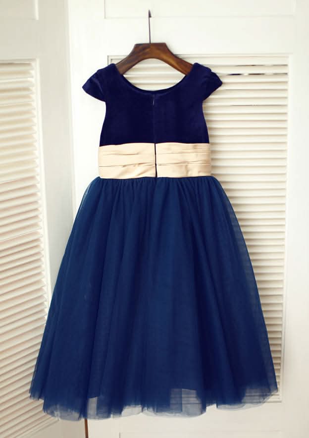Tea-Length Tulle Flower Girl Dress with Stylish Bowknot Sashes - A-line/Princess Scoop Neck BM bride