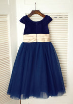 Tea-Length Tulle Flower Girl Dress with Stylish Bowknot Sashes - A-line/Princess Scoop Neck BM bride