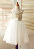 Knee-Length Sequined Tulle Flower Girl Dress with Stylish Sashes - A-line/Princess Scoop Neck BM bride