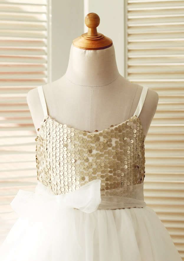 Knee-Length Sequined Tulle Flower Girl Dress with Stylish Sashes - A-line/Princess Scoop Neck BM bride