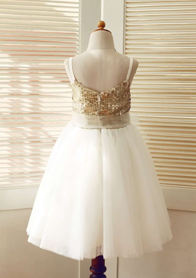 Knee-Length Sequined Tulle Flower Girl Dress with Stylish Sashes - A-line/Princess Scoop Neck BM bride