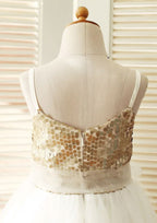 Knee-Length Sequined Tulle Flower Girl Dress with Stylish Sashes - A-line/Princess Scoop Neck BM bride