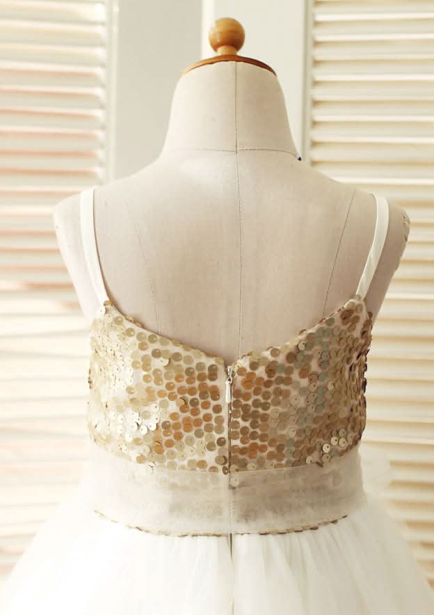 Knee-Length Sequined Tulle Flower Girl Dress with Stylish Sashes - A-line/Princess Scoop Neck BM bride