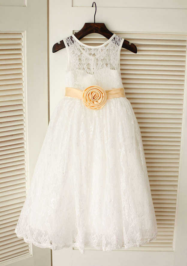 Tea-Length Lace Flower Girl Dress with Stylish Sashes - A-line/Princess Scoop Neck BM bride