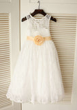 Tea-Length Lace Flower Girl Dress with Stylish Sashes - A-line/Princess Scoop Neck BM bride