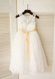 Tea-Length Lace Flower Girl Dress with Stylish Sashes - A-line/Princess Scoop Neck BM bride