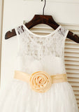 Tea-Length Lace Flower Girl Dress with Stylish Sashes - A-line/Princess Scoop Neck BM bride