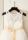 Tea-Length Lace Flower Girl Dress with Stylish Sashes - A-line/Princess Scoop Neck BM bride