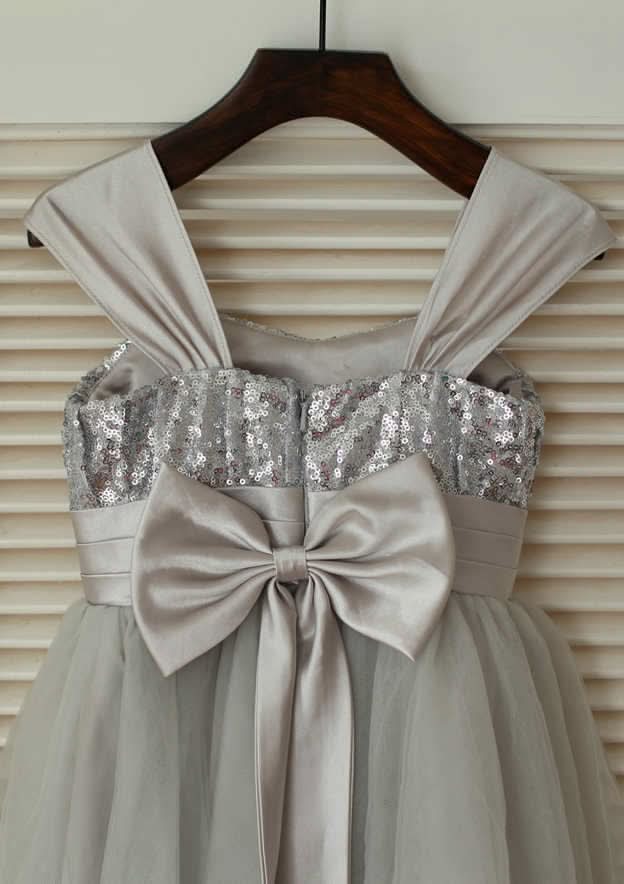 Knee-Length Sweetheart Sequined Tulle Flower Girl Dress with Lovely Bowknot Flowers - A-line/Princess BM bride