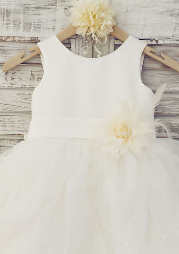 Floor-Length Tulle Flower Girl Dress with Lovely Bowknot Flowers - A-line/Princess Scoop Neck BM bride