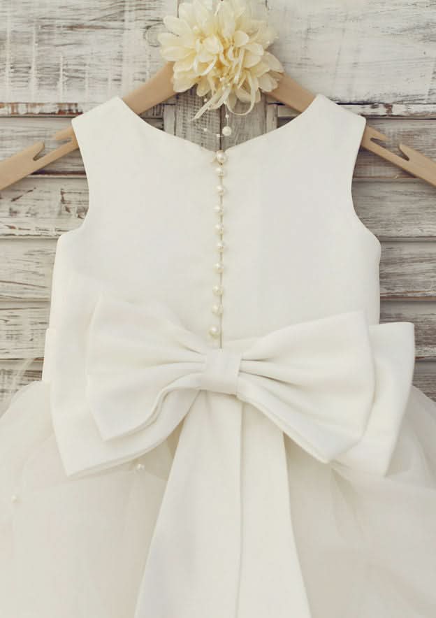 Floor-Length Tulle Flower Girl Dress with Lovely Bowknot Flowers - A-line/Princess Scoop Neck BM bride