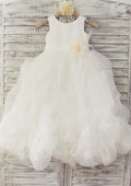 Floor-Length Tulle Flower Girl Dress with Lovely Bowknot Flowers - A-line/Princess Scoop Neck BM bride