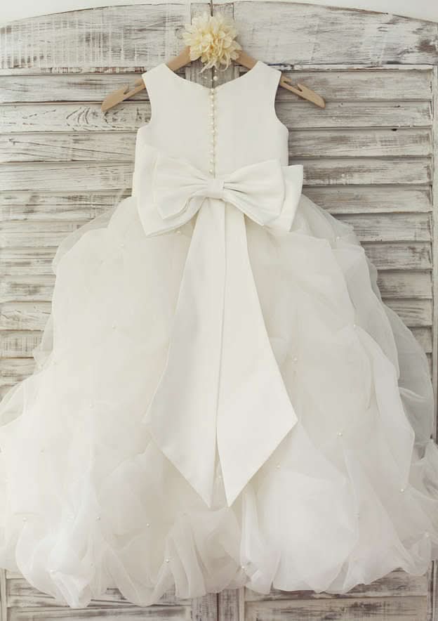 Floor-Length Tulle Flower Girl Dress with Lovely Bowknot Flowers - A-line/Princess Scoop Neck BM bride