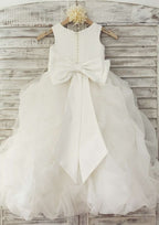 Floor-Length Tulle Flower Girl Dress with Lovely Bowknot Flowers - A-line/Princess Scoop Neck BM bride
