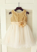 Knee-Length Sequined Tulle Flower Girl Dress with Lovely Flowers - A-line/Princess Scoop Neck BM bride