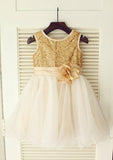 Knee-Length Sequined Tulle Flower Girl Dress with Lovely Flowers - A-line/Princess Scoop Neck BM bride