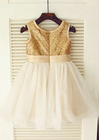 Knee-Length Sequined Tulle Flower Girl Dress with Lovely Flowers - A-line/Princess Scoop Neck BM bride