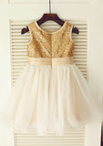 Knee-Length Sequined Tulle Flower Girl Dress with Lovely Flowers - A-line/Princess Scoop Neck BM bride